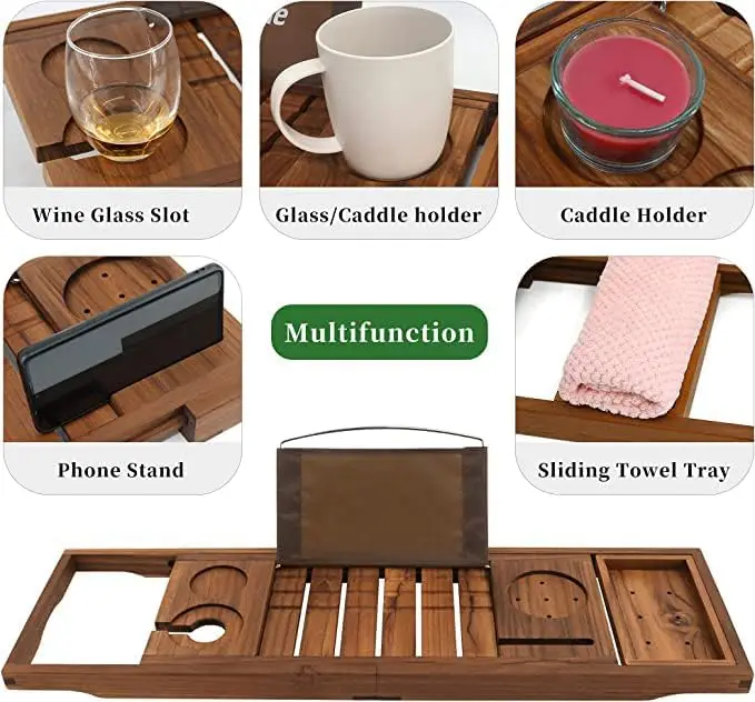 Teak Bathtub Tray, Expandable Wooden Bath Tray for Tub with Wine and Book Holder, Solid Bathroom Caddy with Free Teak