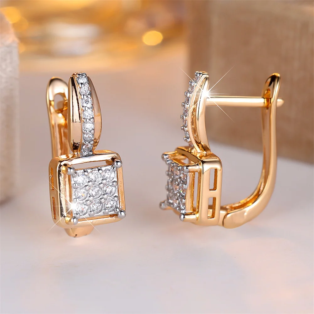 Luxury Crystal White Stone Small Square Hoop Earrings For Women Vintage Gold Color Tiny Ear Buckle Wedding Jewelry Birthday Gift