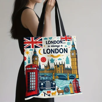 Borsa tote per la spesa riutilizzabile da donna Design a tema Londra Big Ben Red Cabine telefoniche Borsa per la spesa in poliestere di grande capacità Union Jack