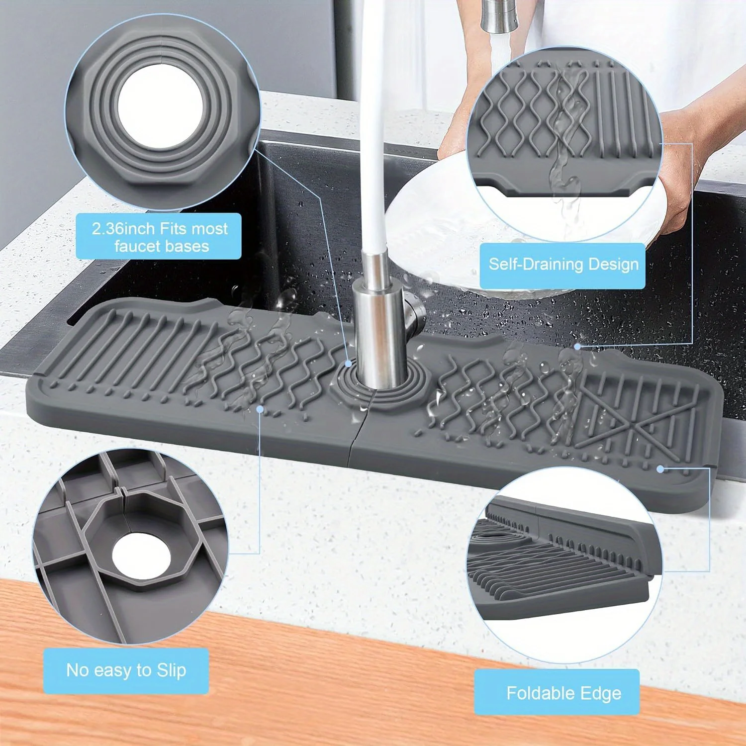 Kitchen Faucet Silicone Splash Mat, Sink Drainage Mat, Sink Collection Mat, Drainage Drying Mat, Bathroom Countertop Protector 4