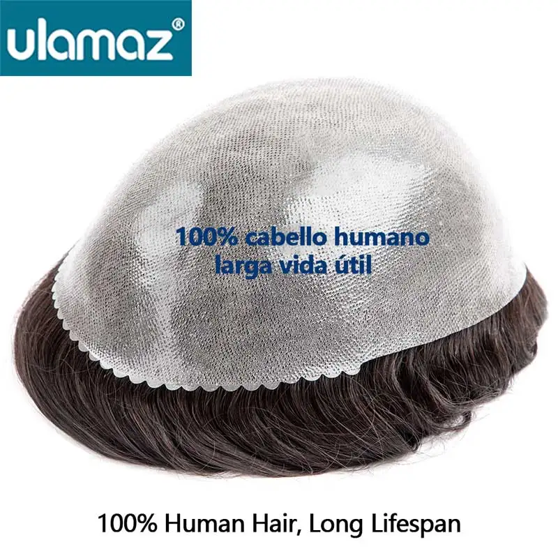 0.08-0.10mm Knotted Skin Hair Toupee Microskin Man Hair Prosthesis 100% Human Hair Male Wig Mens Hair Replacement System Unit 4