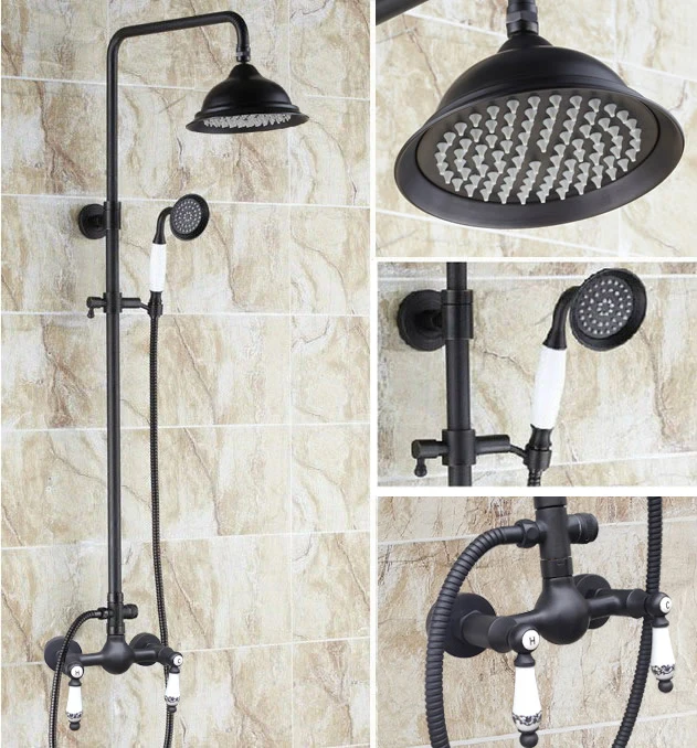 

Dual Handle Bathroom Faucet Set Rainfall/Handheld Shower Faucets Kit Black Brass Wall Mount Hot And Cold Water Mixer Tap Drs511