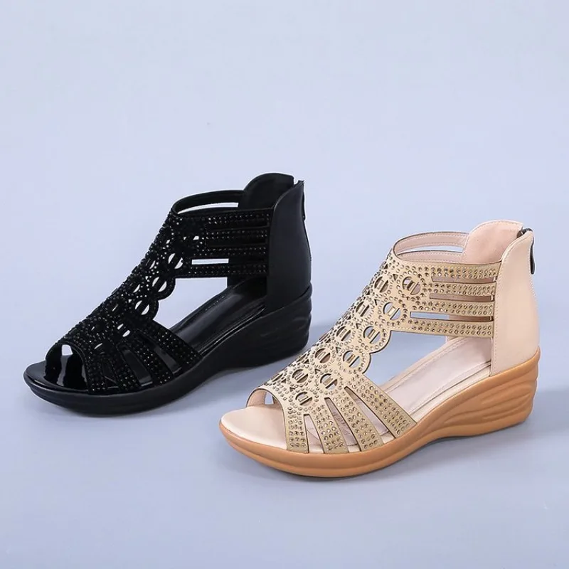 

Crystal Sandals Women Wedges Comfortable High Heels Hollow Out Zipper Sandals Women Shoes Comfortable Flat Stylish Sandals