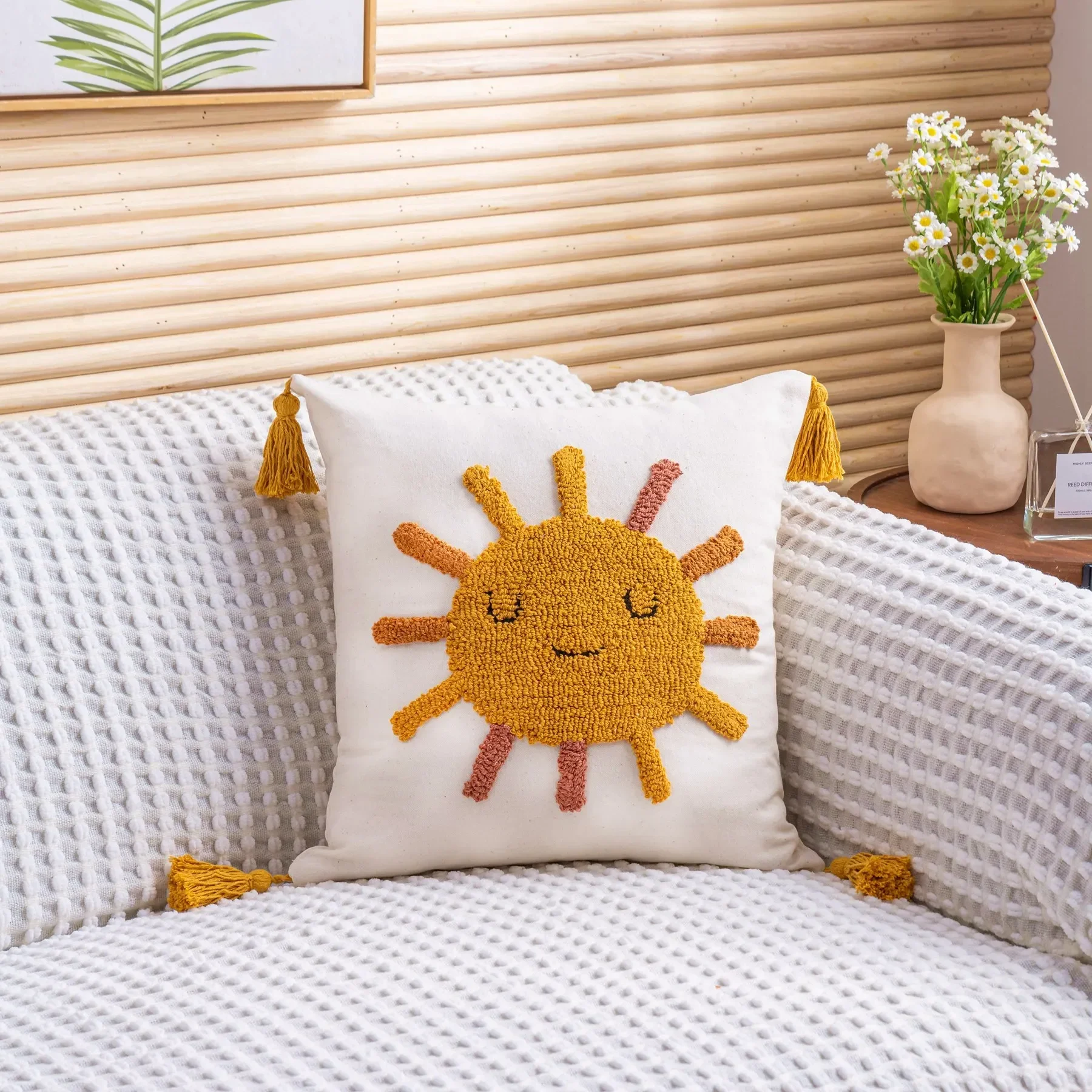 45X45CM Sun Moon Rainbow Loop Tufted Print Cushion Cover Boho Cotton Linen Cartoon Embroidery Pillow Case  Pillows Decor Home