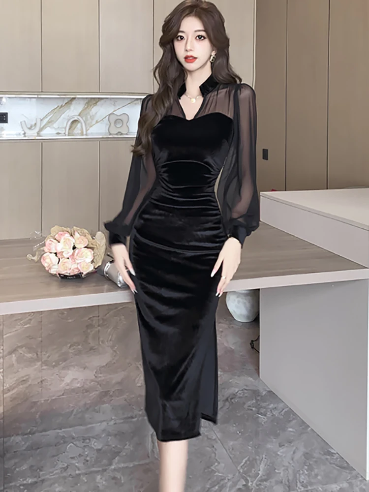 

Black Velver Patchwork Mesh Fake Two Piece Women's Dress Autumn Winter Elegant Luxury Dresses 2023 Korean Festival Vestidos Prom