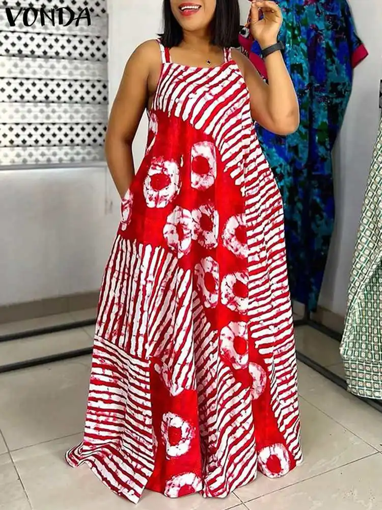 

Sexy Party Maxi Long Dress Bohemian Printed Sundress 2024 VONDA Summer Sleeveless Tank Vestidos Beach Loose Casual Robe Oversize