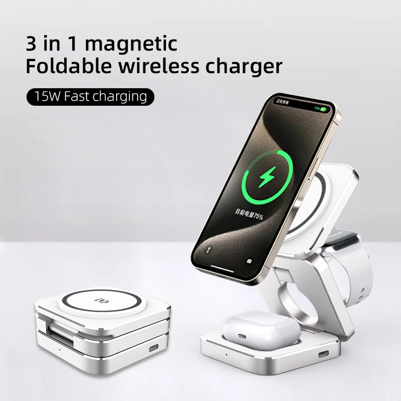 

Aluminium Alloy 3 in 1 Magnetic Foldable Wireless Charger Stand Dock for IPhone 15 14 13 Pro Max, for AirPods 3/2 Station Holder