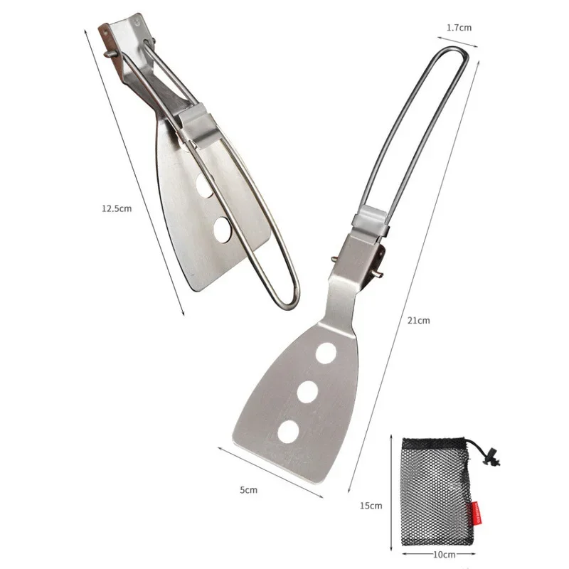 1pc Folding Fry Pan Spatula Portable Metal Frying Spatula 304 Stainless Steel BBQ Cooking Tools with A Mesh Bag