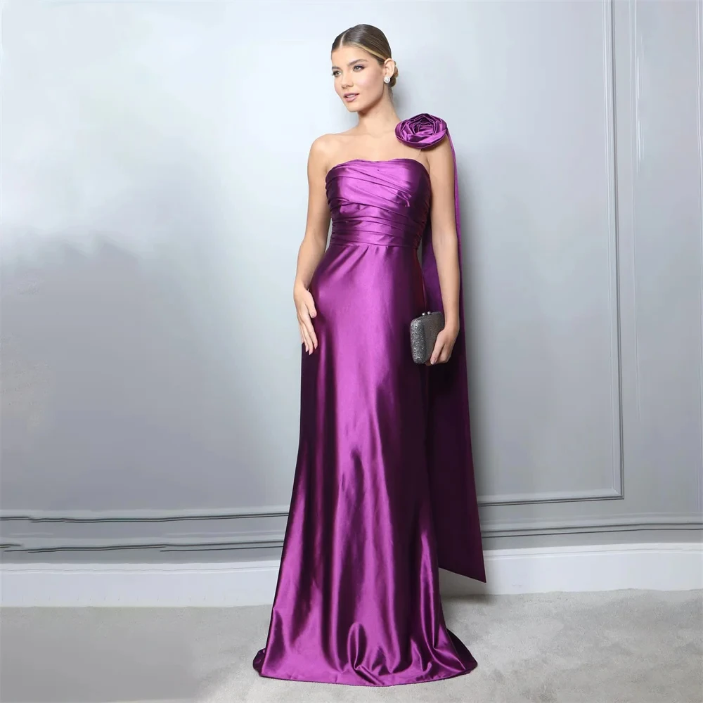 

Special Occasion Party Ball Evening Gown Purple Satin sexy strapless sleeveless 3D floral pleated bespoke robe for women