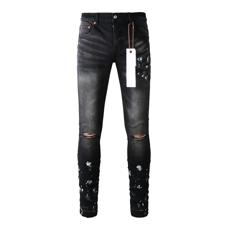 Ripped jeans Ripped patchwork jeans American Fashion Style High Street Black Distressed Damaged Holes Skinny Graffiti Ripped Jeans