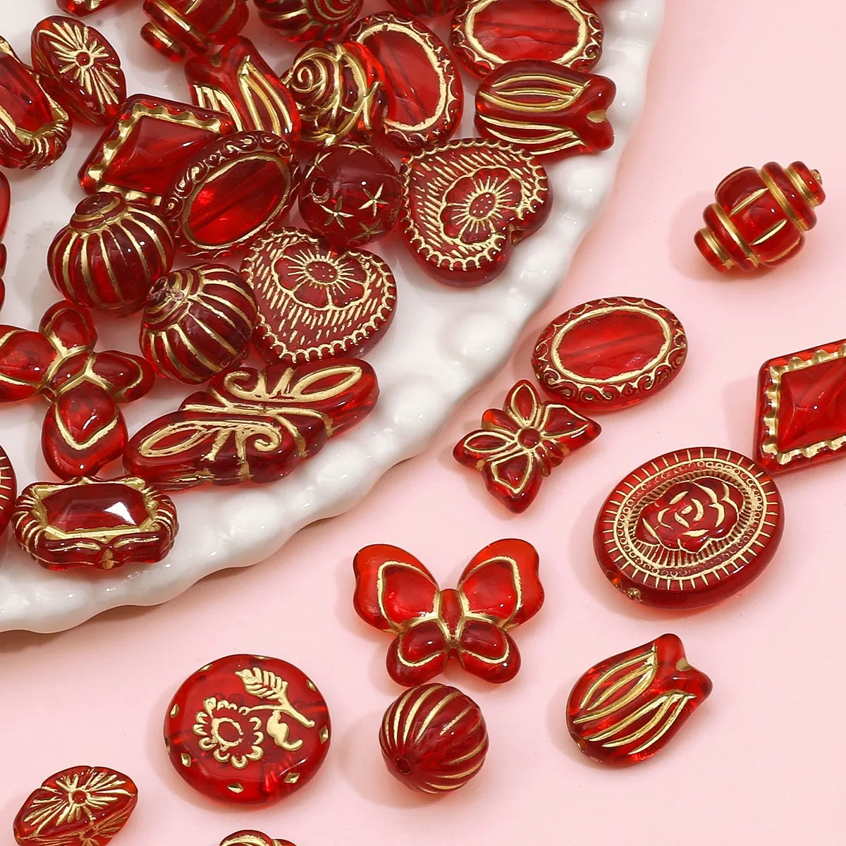 Vintage Amber Painted Red Acrylic Loose Spacer Baroque Bead For Jewelry