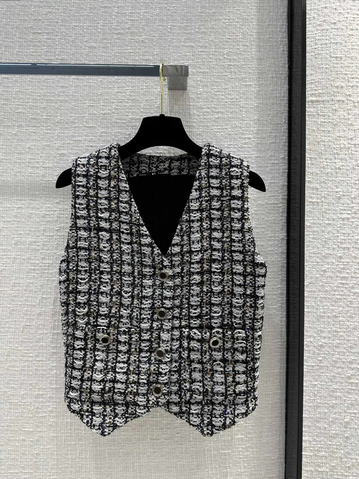 

EVACANDIS Cotton Wool Blended Women New Sequins Weave Tweed Vest Tops V-Neck Single Breasted Casual Vintage High Quality Elegant