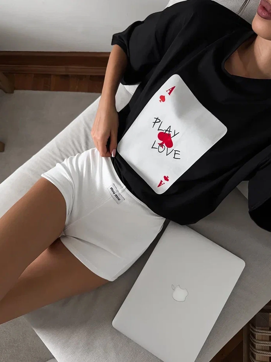 Bornladies 100% Cotton Poker Card Printed T-Shirt Women's Fashionable O-Neck Loose Short Sleeved Female Summer New Casual Top