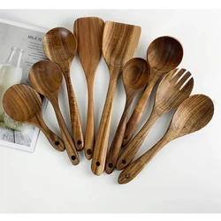 Elegant Teak Wooden Kitchen Utensils - Natural Cooking Spoon Set (1 - 9 Pieces) (9pcs)