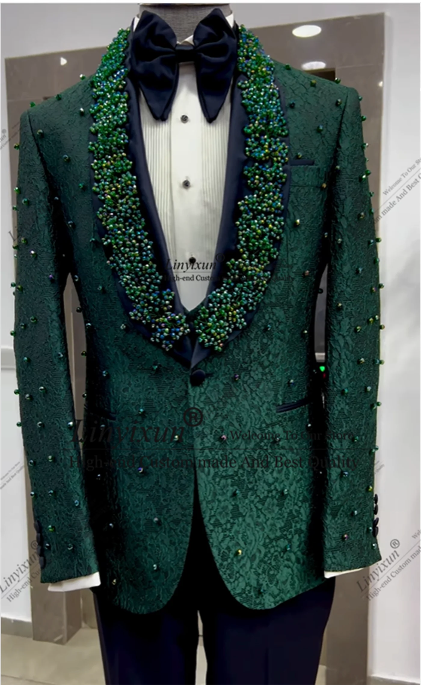 Luxury Pearl Beaded Men Suits Shawl Lapel Wedding Groom Tuxedos 3 Pieces Sets Business Male Prom Blazers Customized ropa hombre 3