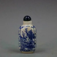 Chinese Blue and White Porcelain Qing Kangxi Mountain River Design Snuff Bottle 1