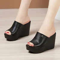 high quality summer leather wedge sandals for women 11cm high heel 2025 size 32 33 43 platform open toe elegant shoe gold white - Image 5