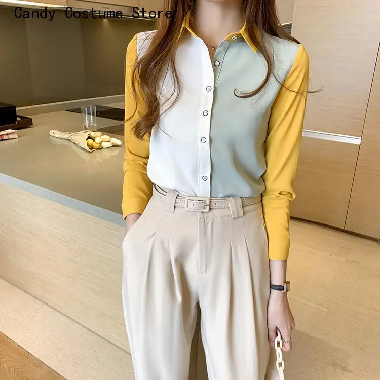 Women Vintage Shirts Korean Basics Color Block Ladies Tops Chiffon Long Sleeve Casual Blouse Female Work Wear Office blouses lace leopard splicing color block button blouse in multicolor size 2xl 3xl