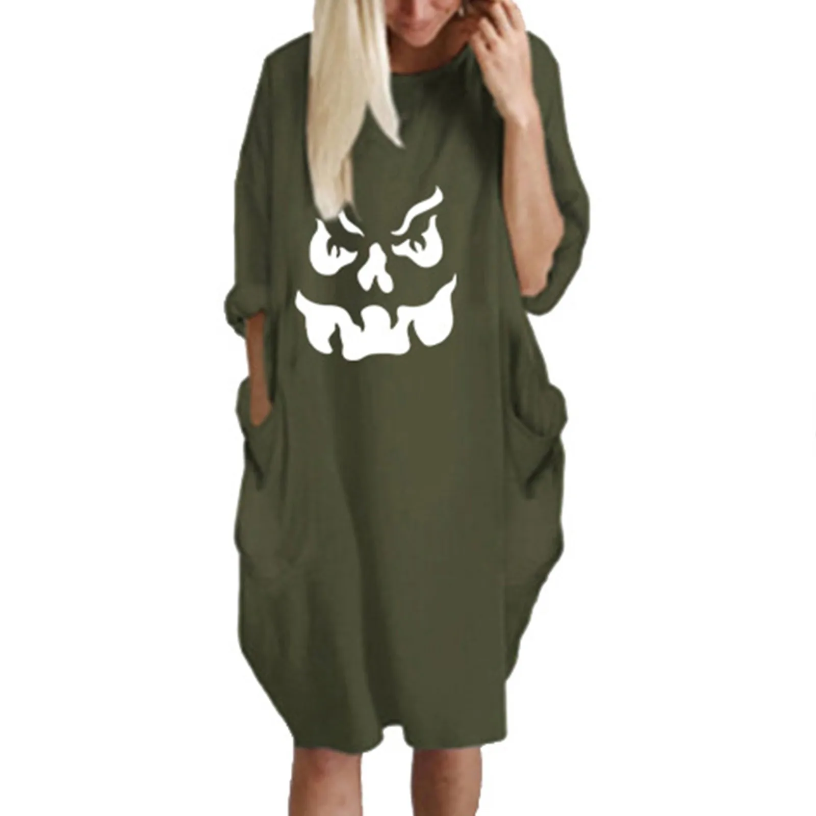 

Women's Casual Loose Fitting Long Sleeved Halloween Solid Color Printed Midi Dresses for Women Breastfeeding Dress for Women