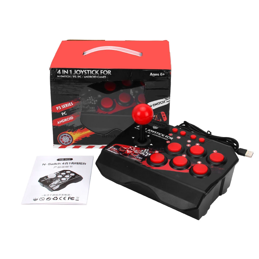 4-in-1 USB Wired Game Joystick Retro Arcade Station Turbo Games Console Rocker Fighting Controller for PS3/Switch/PC/Android TV 