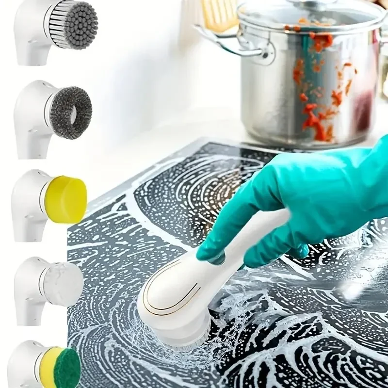 Electric Cleaning Brush 5-in-1 Multifunctional Rechargeable Cordless for Bathroom Kitchen Tile Grout Sink Shower Deep Scrub