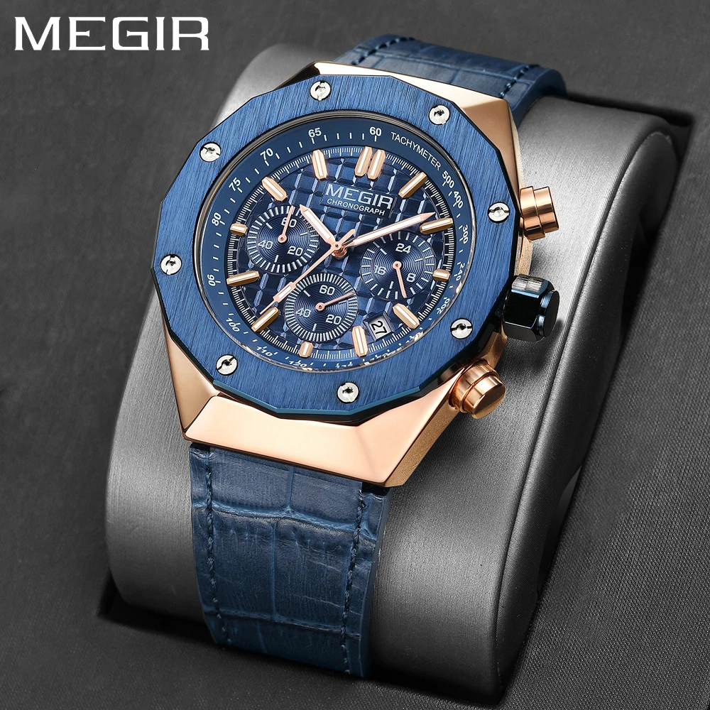 Montre-bracelet à quartz chronographe de luxe pour homme, marque MEGIR, boîtier polygonal, mode décontractée, affaires, cadeau masculin, avec date automatique_voghion.com