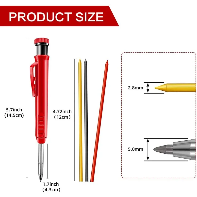 Solid Carpenter Pencil Set Woodworking Tools Mechanical Pencil 5 Colors Refill Construction Job Tools Carpentry Marking Scriber 5