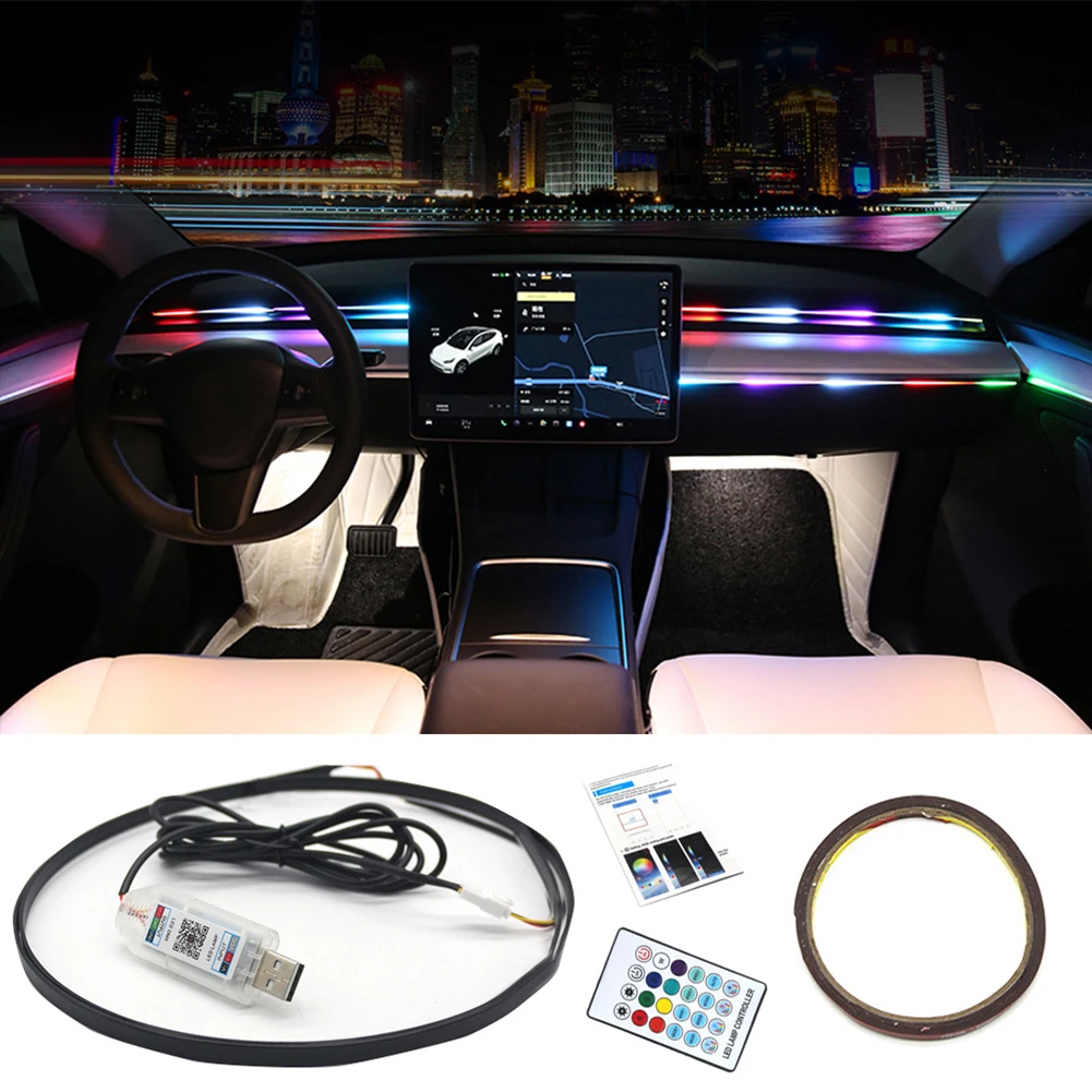 

Car Interior Light 64 Colors Optical Auto LED Neon Light Flexible Atmosphere Strip Lamp APP Remote Control Music Sync Rope Light