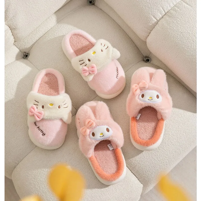 

Kawaii Sanrio Kuromi My Melody Hello Kitty Cotton Slippers Girl Autumn Winter Home Slippers Keep Warm Parent-child Cotton Shoes