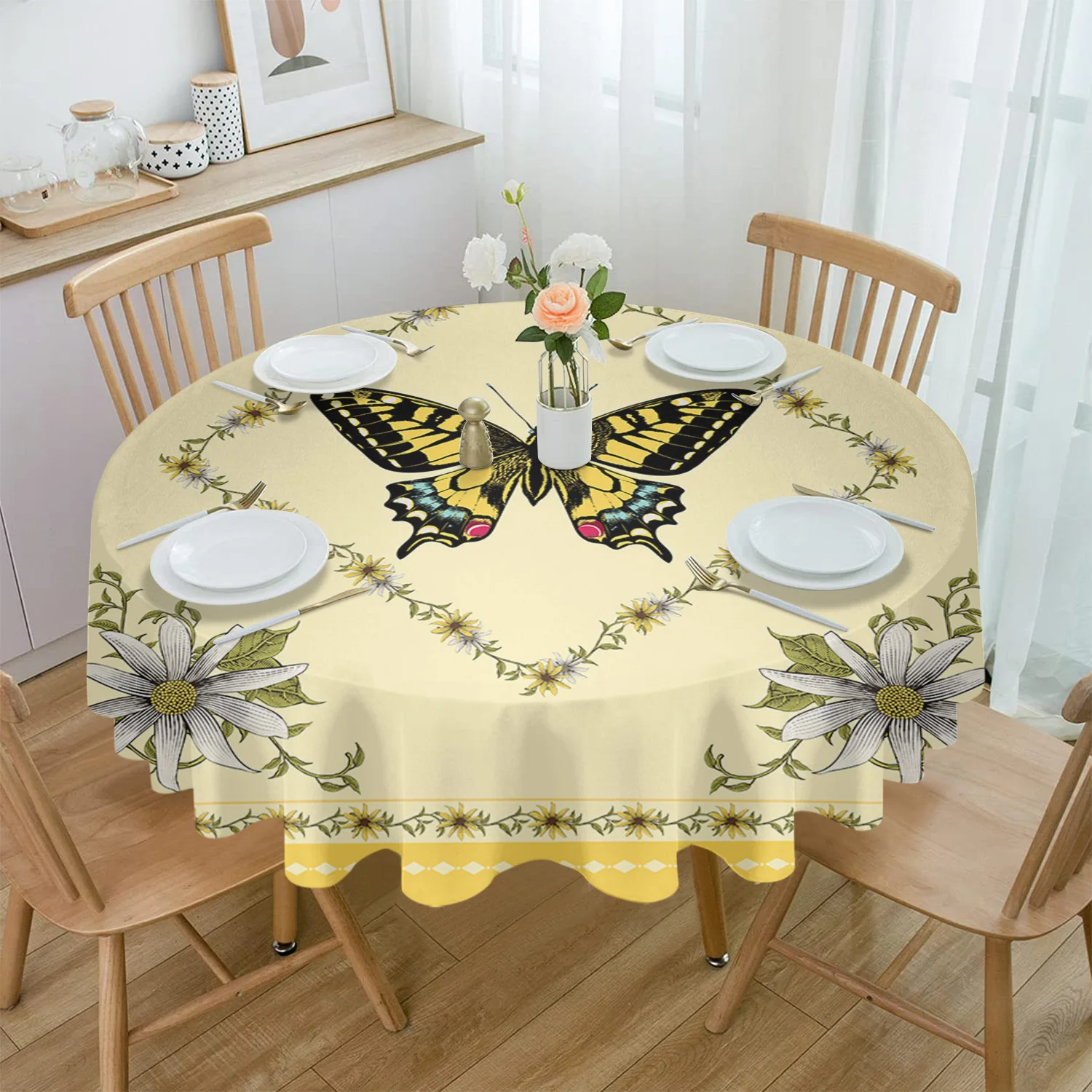 

Daisy Flower Butterfly Round Tablecloth Party Kitchen Dinner Table Cover Holiday Decor Waterproof Tablecloths