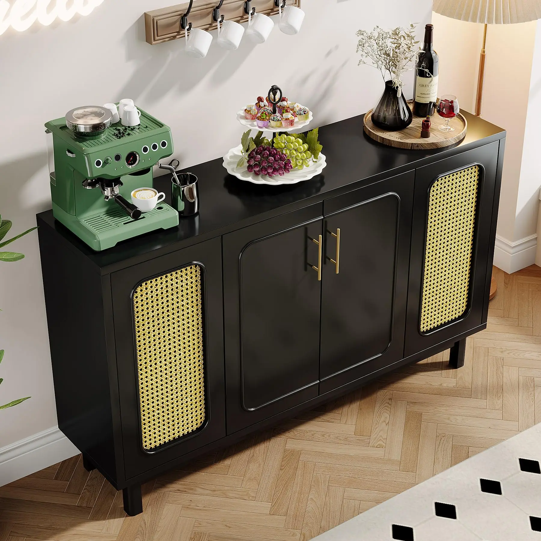 Tribesigns Black Sideboard Buffet Cabinet, 55" Modern Rattan Sideboard Cabinet with 10 Storage Compartments, Coffee Bar Accent S