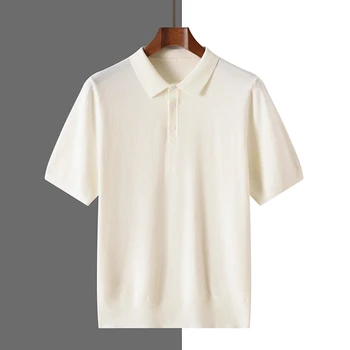 2025 T-shirt classica con collo a polo Pullover da uomo Maglieria in misto lana Lyocell Maglione a maniche corte Abbigliamento fresco di alta qualità Top