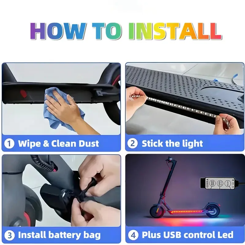 방수 스쿠터 LED 스트립 스케이트 보드 자전거 유연한 다이오드 테이프 전기 스쿠터 안전 야간 조명 램프 크리스마스 선물