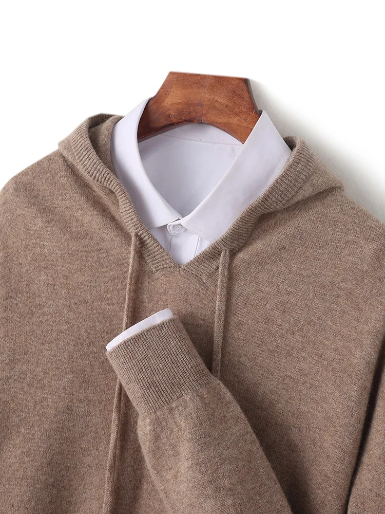 Men's 100% Wool Hooded Collar Knitted Pullover Autumn Winter New Cashmere Sweater Casual long Sleeved Hoodie Tops 2