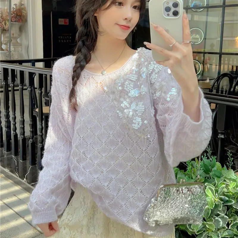 

Hsa 2023 Новый женский Y2k Harajuku ажурный вязаный пуловер Свободный свитер на шнуровке осенний винтажный вязаный женский топ с блестками без застежки
