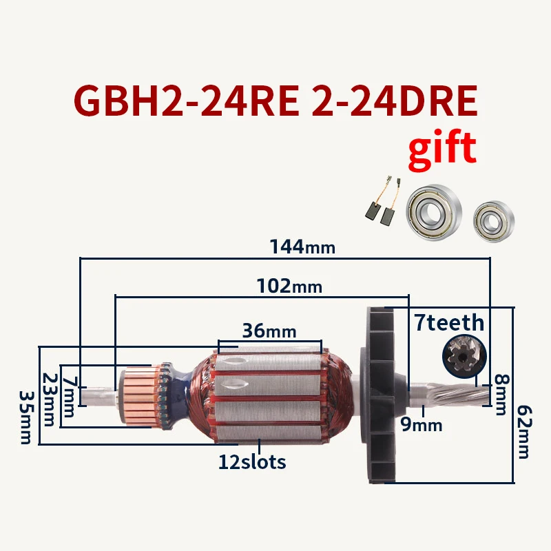 GBH2-24RE Armature Rotor Accessories for Bosch GBH2-24RE 2-24DRE Hammer 7teeth Rotor Armature Anchor Accessories Replacement