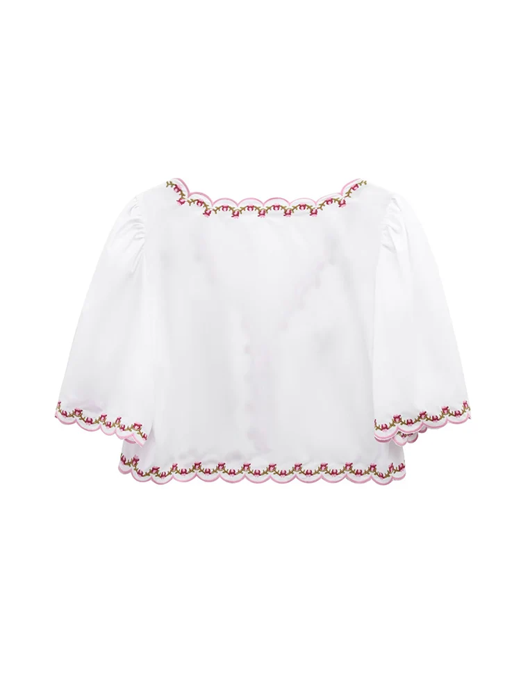 TFMLN Embroidery Shirts Blouses For Womens Summer Lace Up Round Neck Short Top Loose Short Sleeve Casual Shirt Retro Style