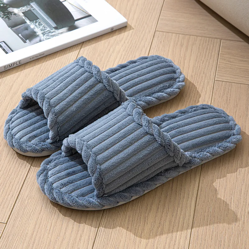 2024 women's new fashionable and minimalist one word slippers for indoor and home couples with striped open toe cotton slippers - Image 6