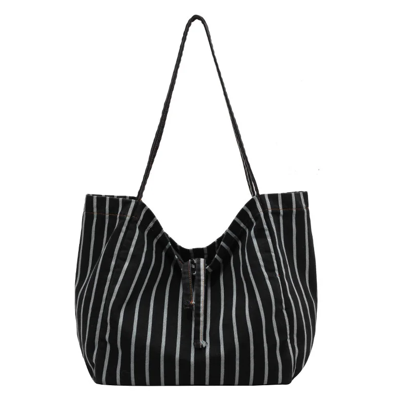 Striped Canvas Shoulder Bag New Large Capacity Tote Student Casual Shopping Bag Preppy Style Coin Purses Fashion Trend All-match