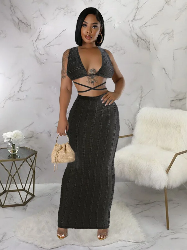 Wmstar Two Piece Set Women Skirts Sets Summer Holiday Sexy Mesh Matching Suit Bandage Fashion Outfits Wholesale Dropshipping