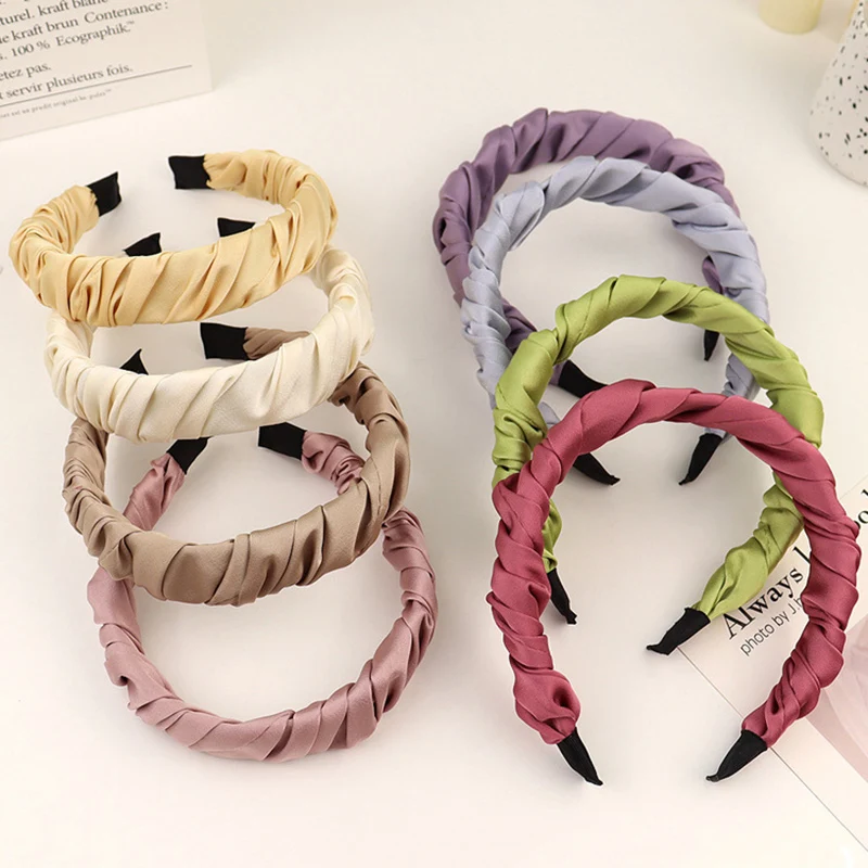 

6PCS 3cm Soft Satin Wrinkle Covered Headbands for Women Girls Crease Silk Hairbands Macaron Colorful Hair Hoops