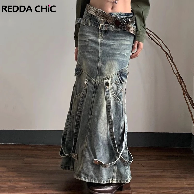 

Женская винтажная джинсовая юбка ReddaChic Y2k, длинная юбка из денима с разрезом и высокой талией, состаренная юбка-годе в стиле Харадзюку