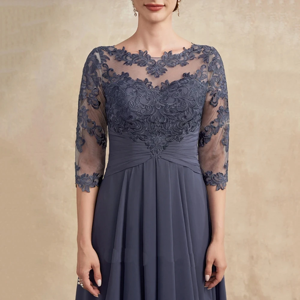Mother Of The Bride Dresses Classic Scoop Neck Lace Appliques A-Line Floor-Length Dress Half Sleeve Chiffon Wedding Guest Gown - 3