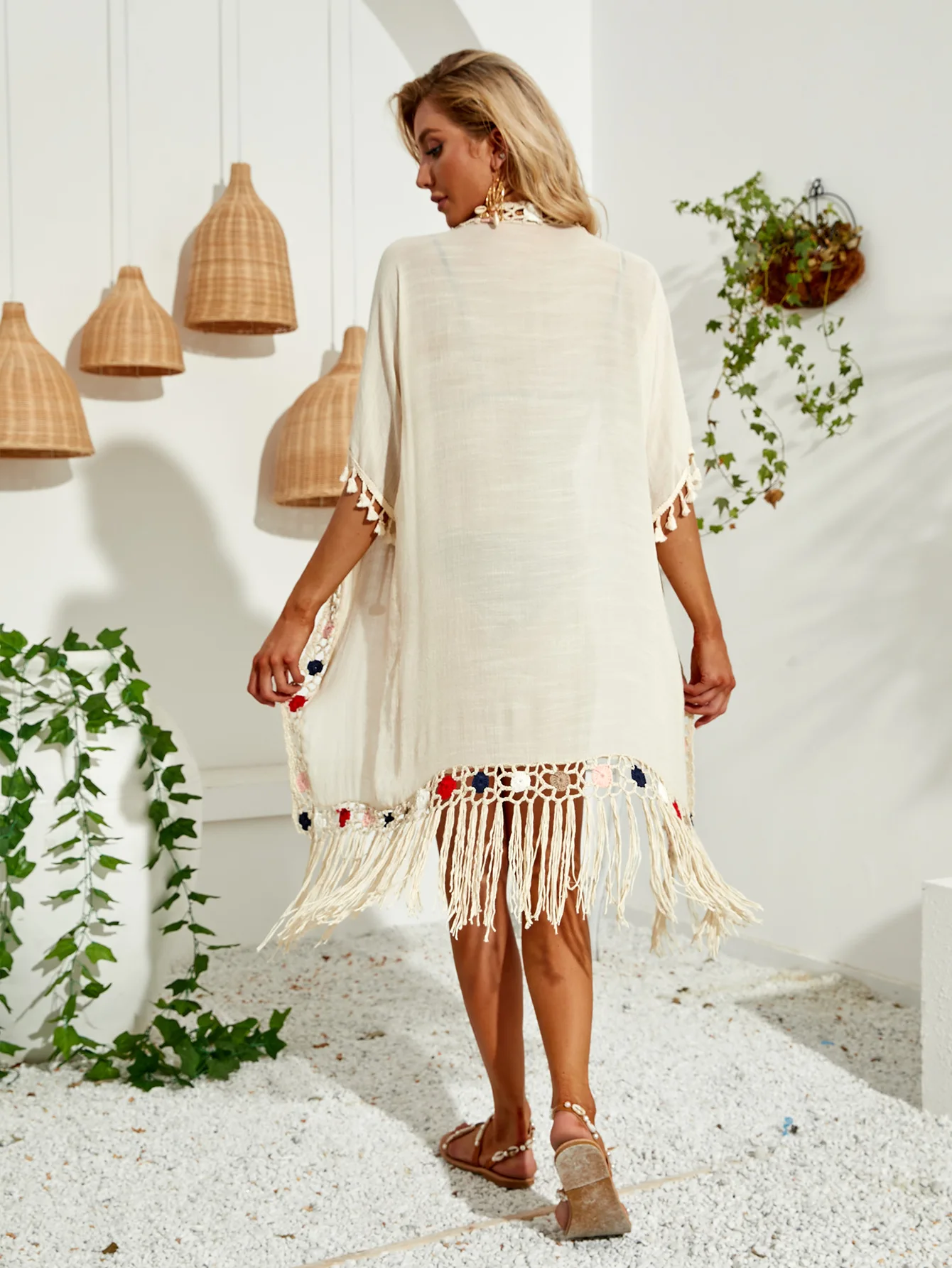 Women's Crochet Bikini Cover Up Swimsuit Sexy Tassel Shirt Women's Kimono Beach Skirt Summer Beach Wear Tassel Swimsuit Sun Prot