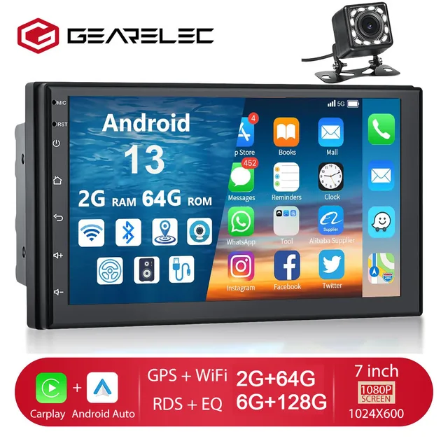 Lecteur vidéo universel Android Auto Carplay, autoradio, limitation 2 Din, Android 13, 7 pouces, navigation 2 Din, stéréo automatique 1