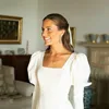 Ekegant Beach Wedding Dresses For Women Square Neck 3/4 Long Sleeve Bride Dress Button Backless Satin Bridal Gowns 1