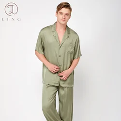 Ling Mens Pajama Sets Half Sleeve Ginger Orange Silk Satin Men's Sleep Lounge Sleepwear Elegant Two Piece Sets 100% Viscose