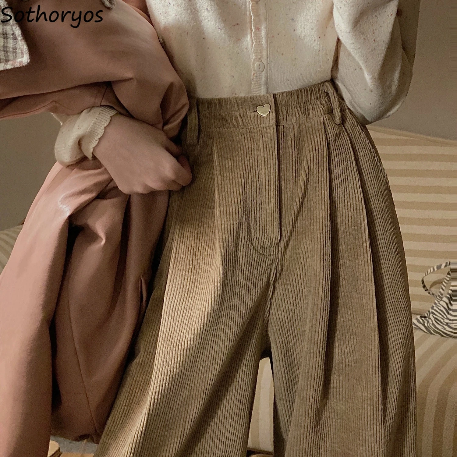 InsPopularCorduroyCasualPantsWomenSolidTenderRetroWideLeg