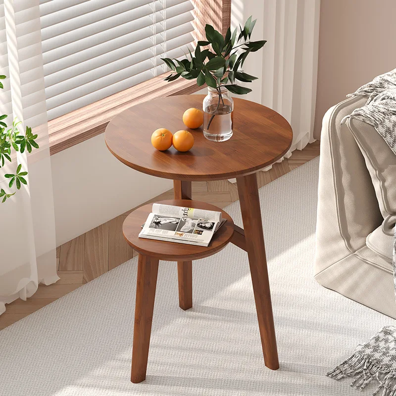 Creative Two Layers Coffee Table Sofa Side Bamboo Round Table Movable Living Room Balcony Corner Tables