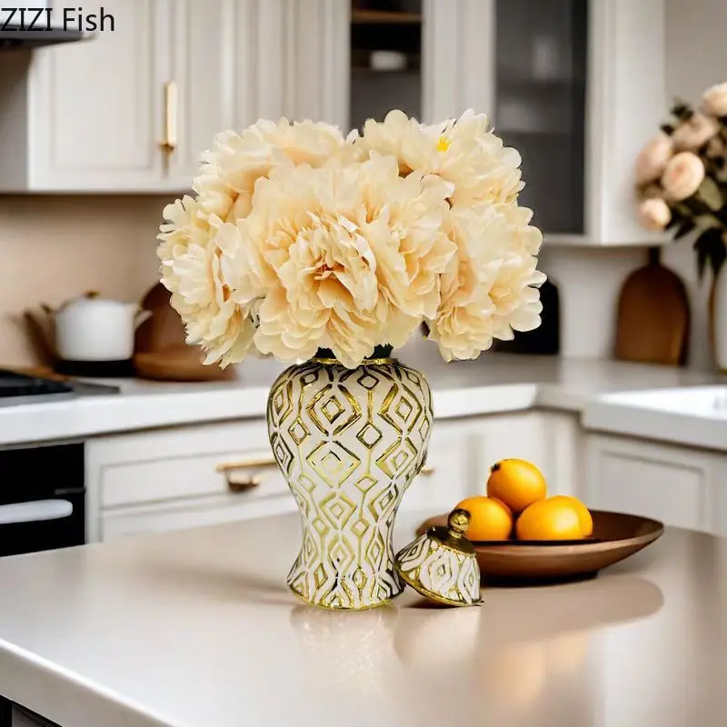 Golden Geometric Stripes General Tank Porcelain Ginger Jar Gold-plated Flowers Vase Dresser Table Jewelry Cosmetic Container 2